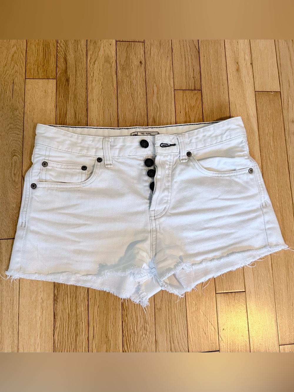Free People White Frayed Hem Button-Fly Denim Shorts